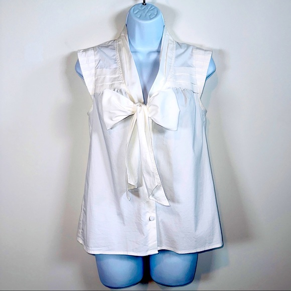 White Pleated Sleeveless Pussybow Button Down Top by Ann Taylor Loft Petites SP - Picture 2 of 8
